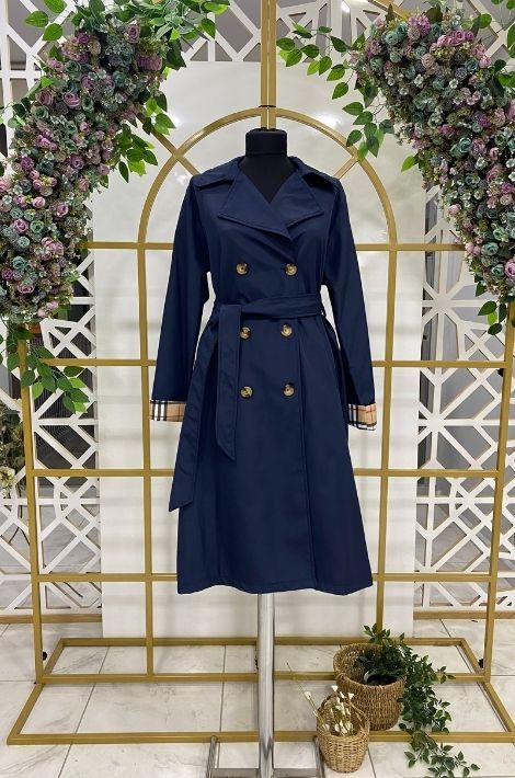 Düğme Detaylı Burberry Desenli Kadın Trenç Lacivert